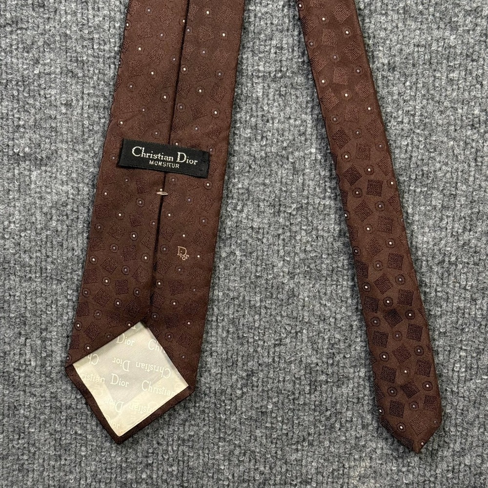 Christian Dior Necktie 56.5" Brown Geometric Silk Blend Vintage Monsieur Tie